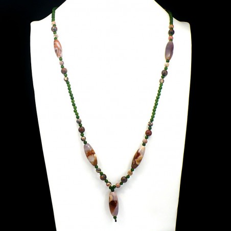 Sautoir en Agate de feu, Jaspe léopard et Jade Tapeï Sautoir en Agate de feu, Jaspe léopard et Jade Tapeï